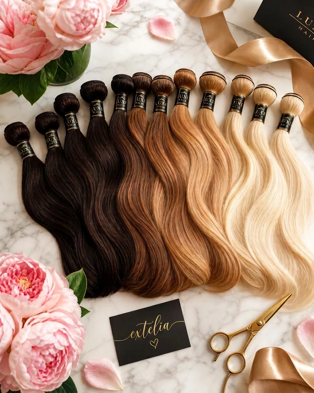 A fanned row of hair extension bundles in different shades, from black to blonde