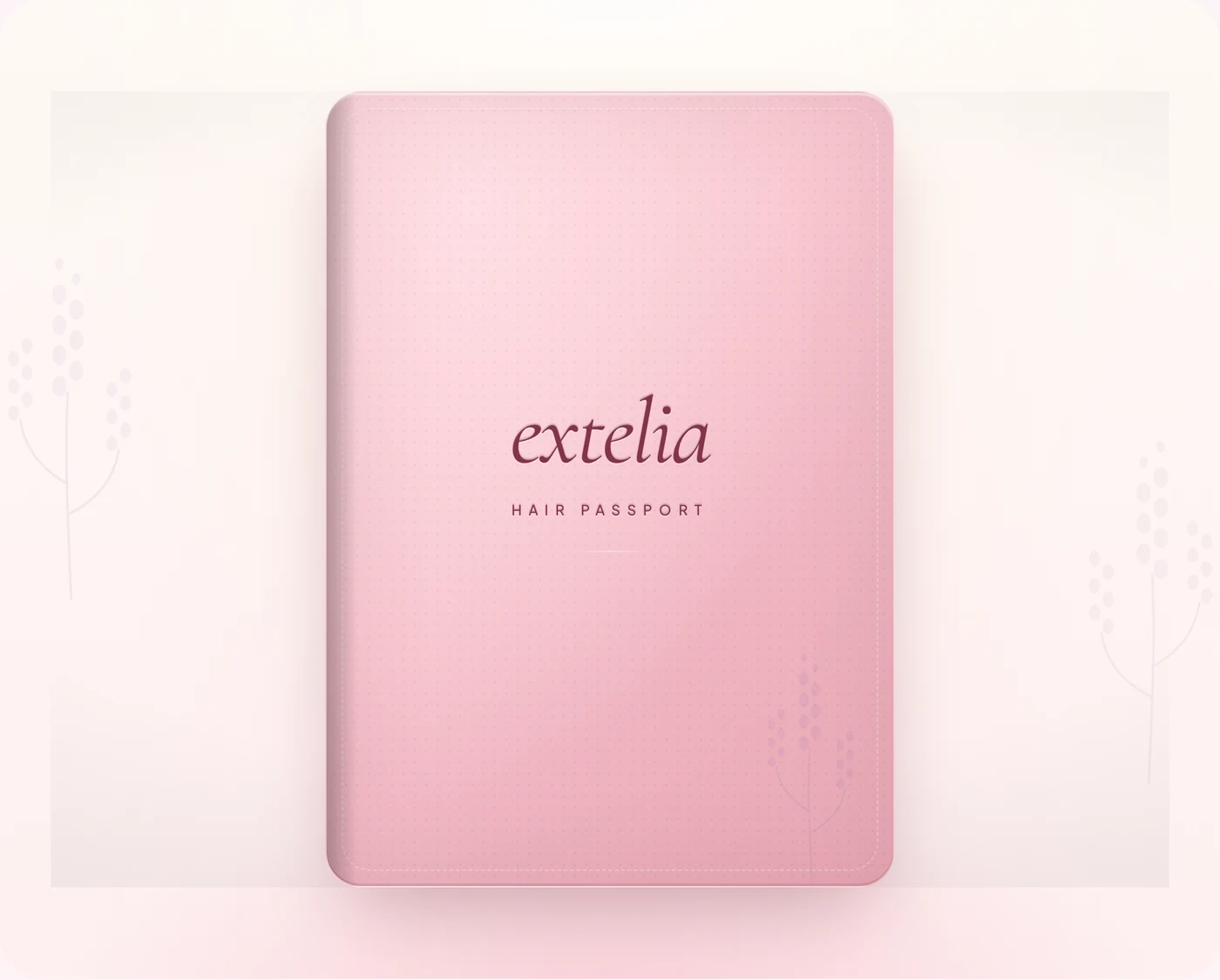 The Extelia Hair Passport — a pink leather passport cover with the extelia wordmark